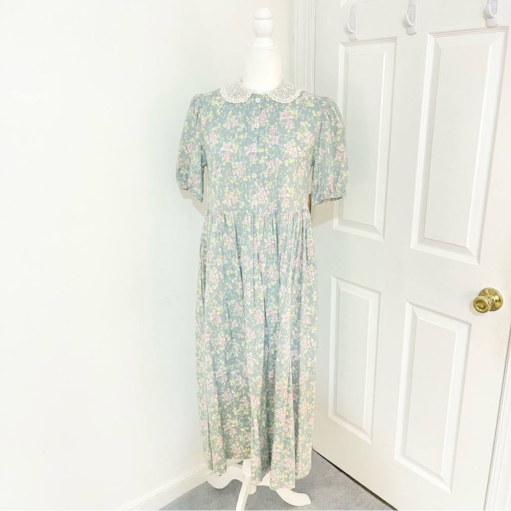 vintage 80s laura ashley green floral short sleeve dress